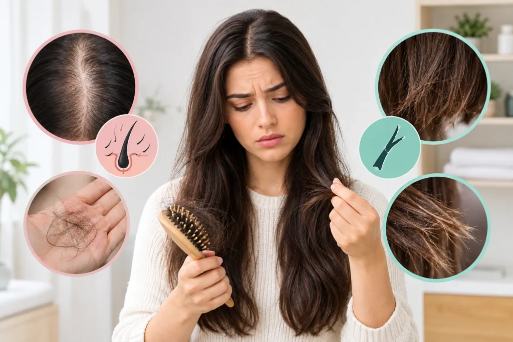 What are the common causes of hair loss and how can they be distinguished from breakage?
