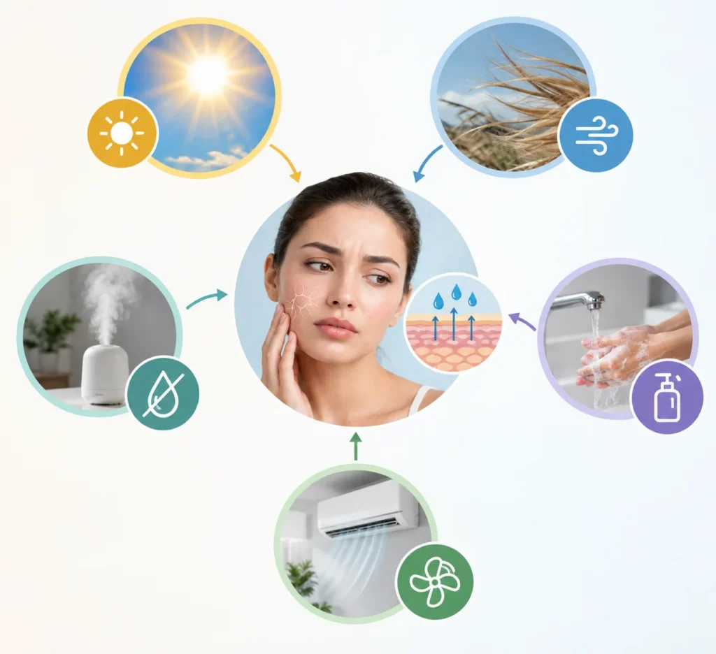 Why does the skin lose water throughout the day?