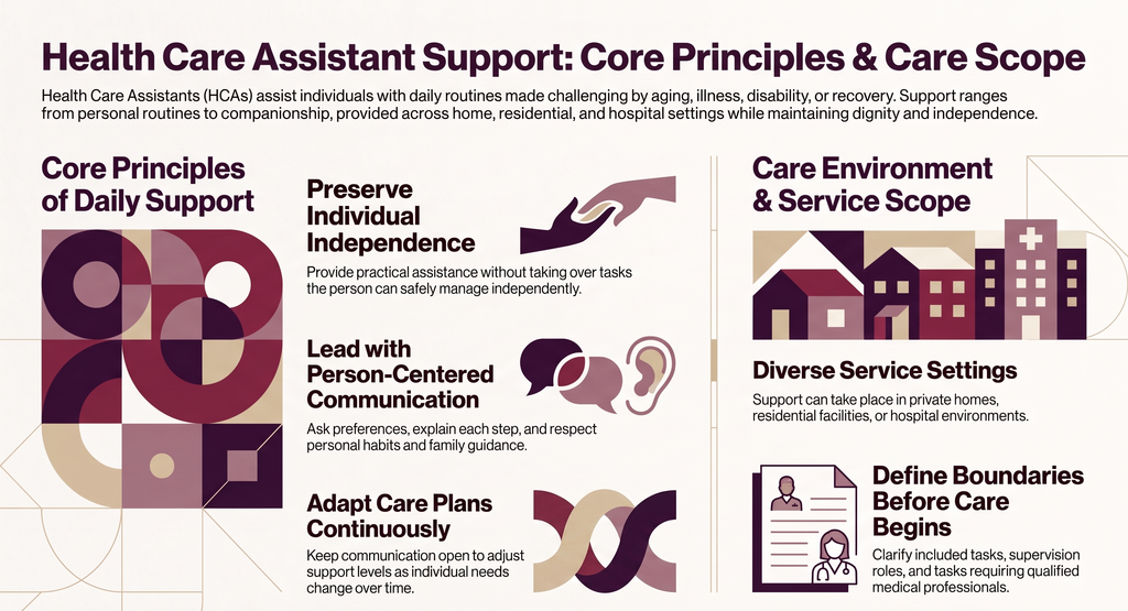 health care assistant support: core principles and care scope 